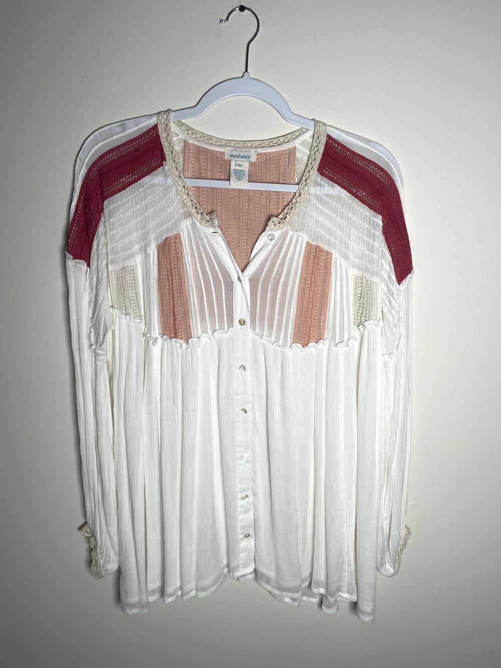 Sundance Blouse Prairie Ethereal Romantic Cottage Gauzy Crochet Long Sleeve XS
